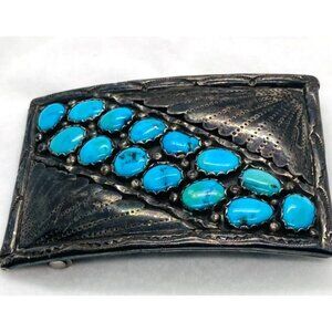 Native American Sterling Silver Turquoise Belt Buckle CY 76 x 51mm